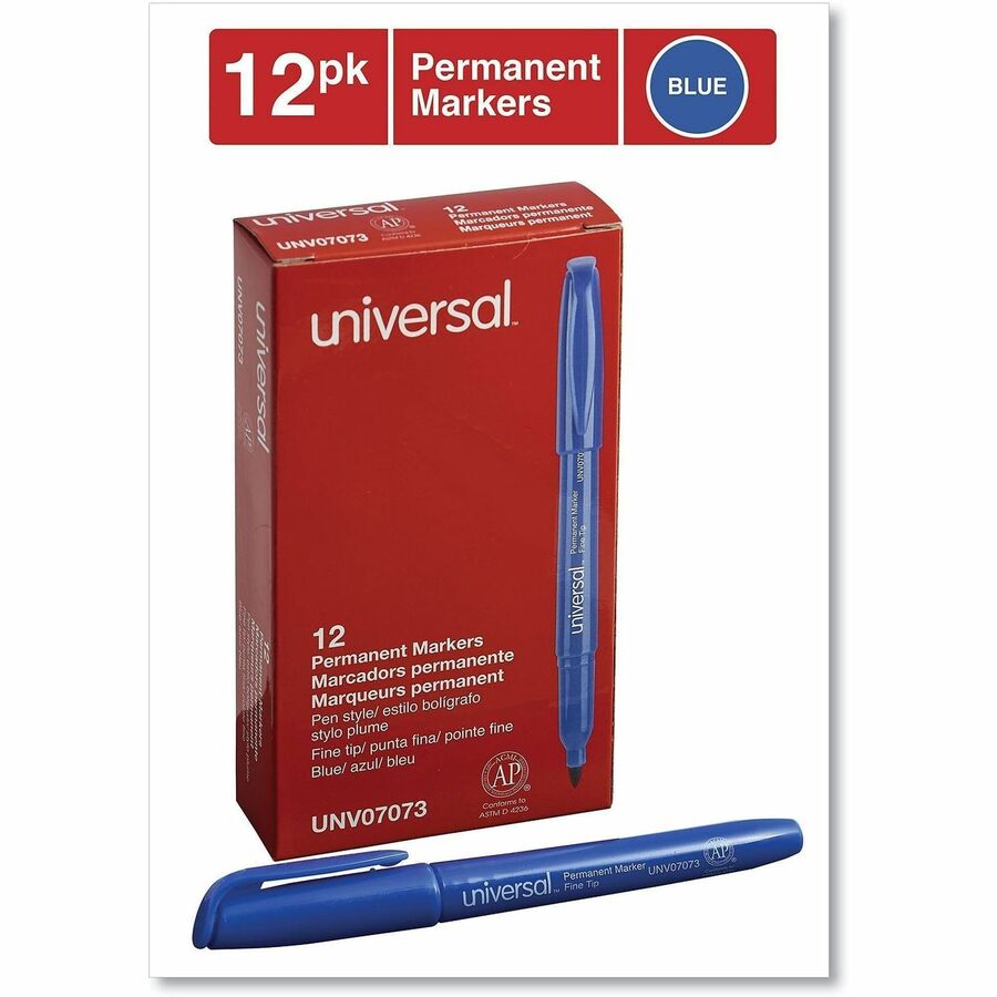 Universal Pen-Style Permanent Marker, Fine Bullet Tip, Blue, Dozen - Fine Bullet Marker Point - Blue Ink - General Purpose - 1 Dozen