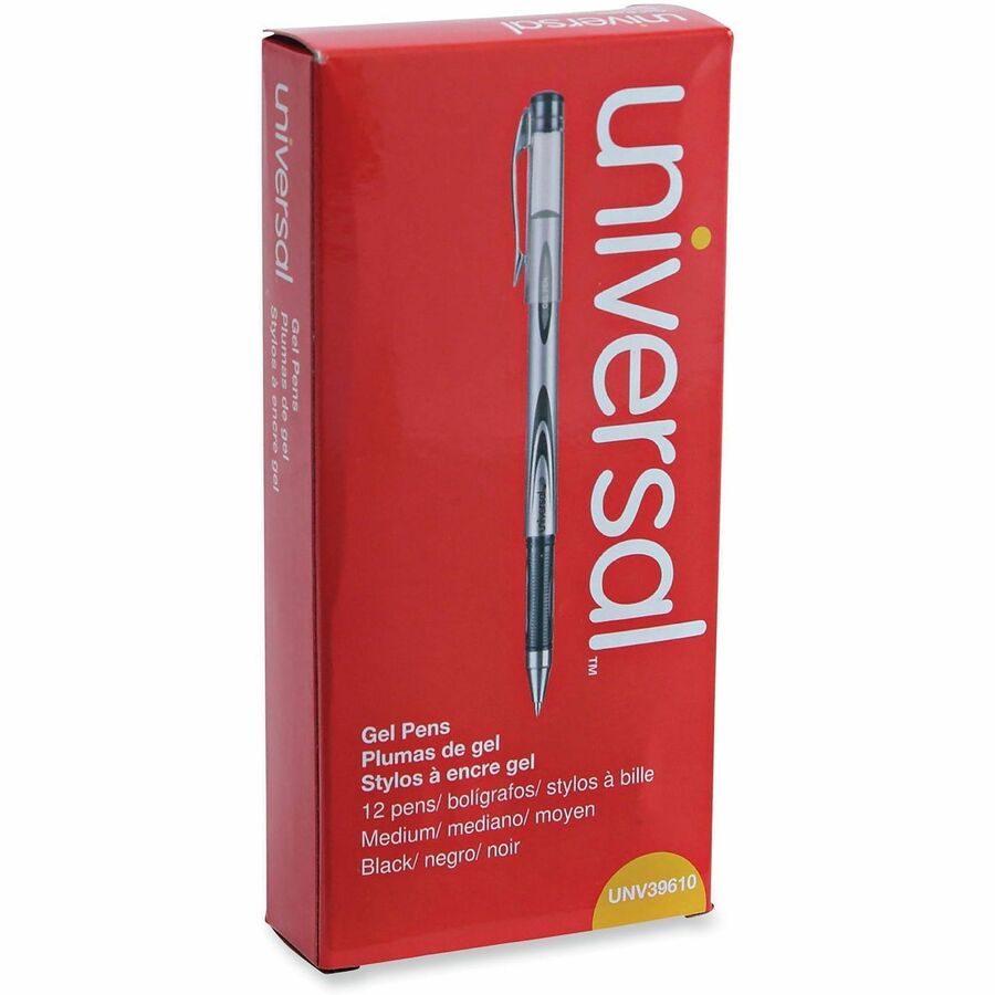 Universal Gel Pen, Stick, Medium 0.7 mm, Black Ink, Silver/Black Barrel, Dozen - 0.7 mm Medium Conical Pen Point - Black Ink - Water Based - Silver, Black Barrel - 1 Dozen