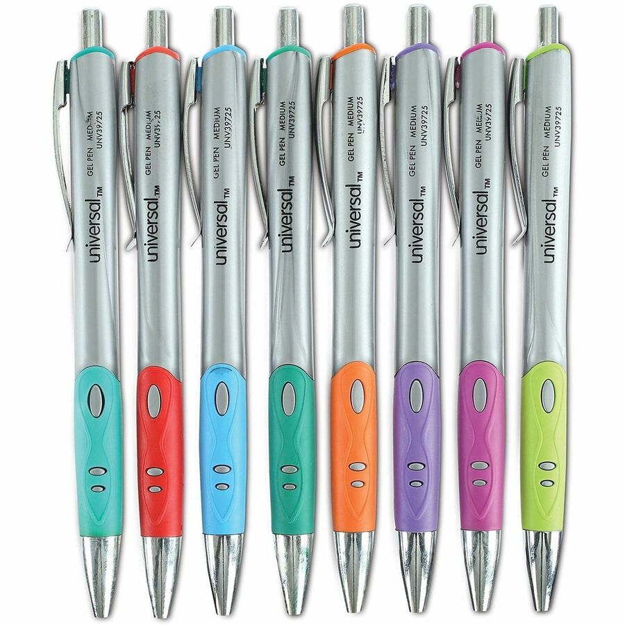 Universal Comfort Grip Gel Pen - 0.7 mm Medium Conical Pen Point - Retractable - Assorted Ink - Water Based - Assorted Barrel - 8 / Pack
