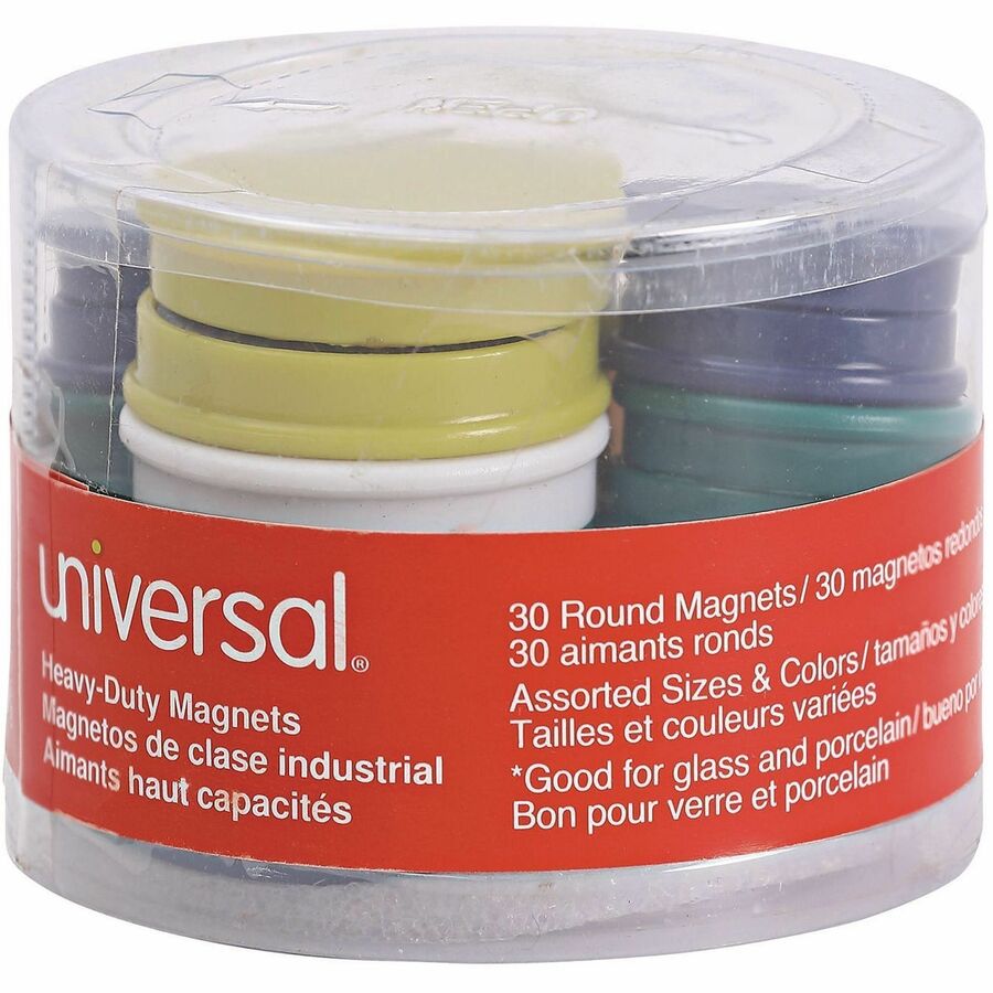 Universal Board Magnet - Circle - Heavy Duty - 30 / Pack - Assorted, Blue, Green, Red, White, Yellow