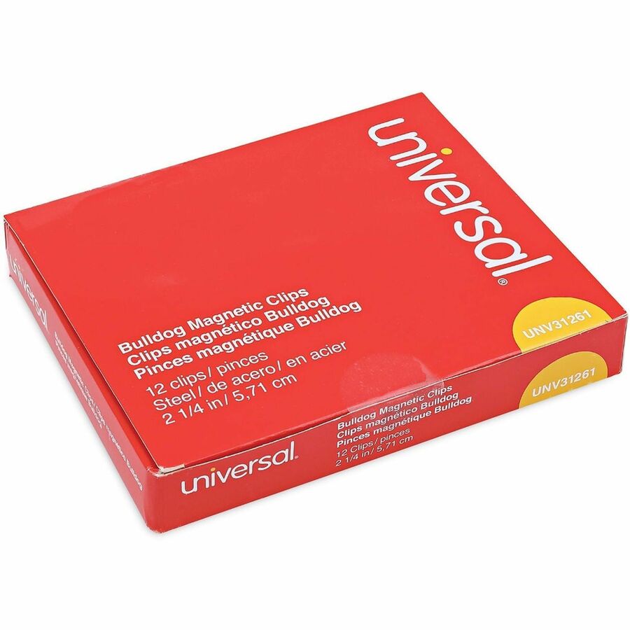 Universal Bulldog Magnetic Clips, Medium, Nickel, 12/Pack - Medium - 2.1" Width - 0.25" Size Capacity - Nickel - Nickel Plated Steel - 12 / Pack