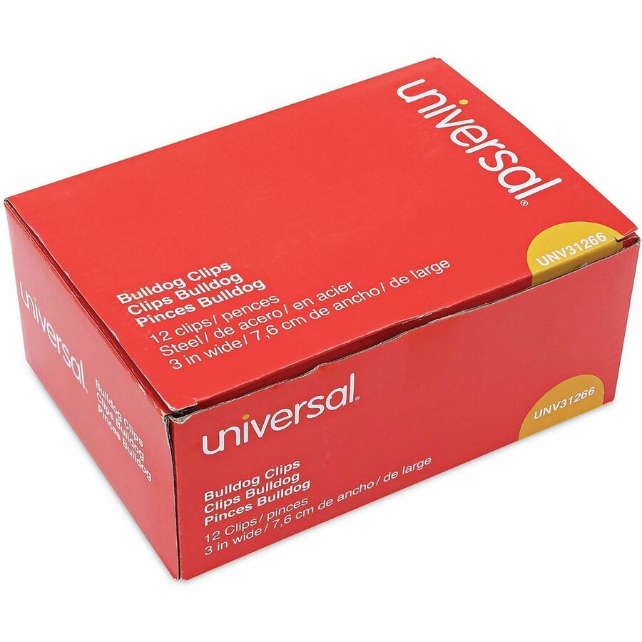 Universal Bulldog Clips, Jumbo, Nickel, 12/Pack - Jumbo - 3" Width - 1" Size Capacity - Nickel - Nickel Plated Steel - 12 / Pack