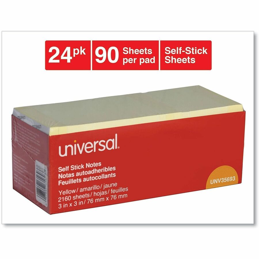 Universal Self-Stick Note Pad Cabinet Pack, 3" x 3" , Yellow, 90 Sheets/Pad, 24 Pads/Pack - 90 Sheets - Plain - 3" x 3" Sheet Size - Yellow Paper - Paper Cover - 24 / Pack