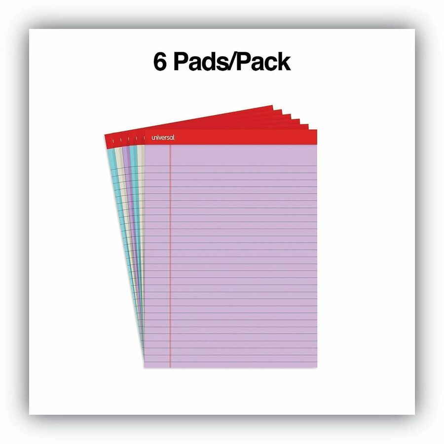 Universal Notepad - 1 Subject(s) - 50 Sheets - Tape Bound - Wide Ruled, Legal Ruled Front Ruling - 11.75" Height x 8.5" Width - Blue, Ivory, Orchid Paper - Chipboard Cover - 6 / Pack