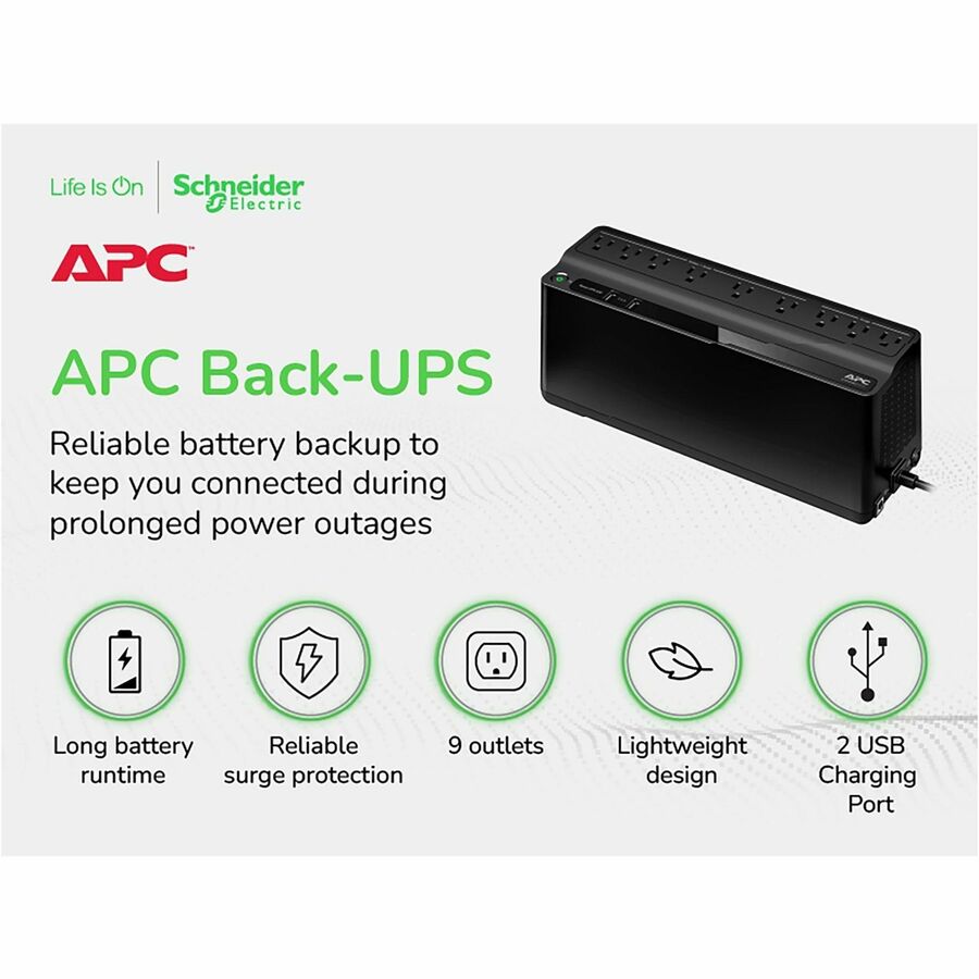 APC Back-UPS 850VA, 120V, 2 USB charging ports, 9 NEMA outlets (3 surge)