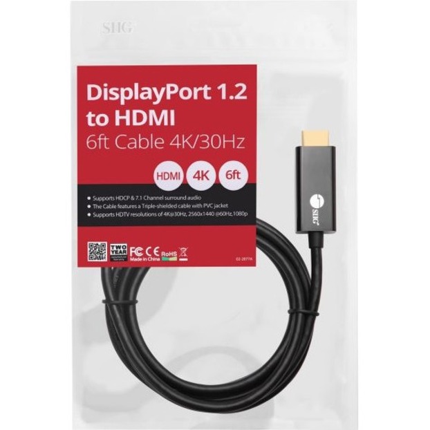 SIIG DisplayPort 1.2 To HDMI 6ft Cable 4K/30Hz