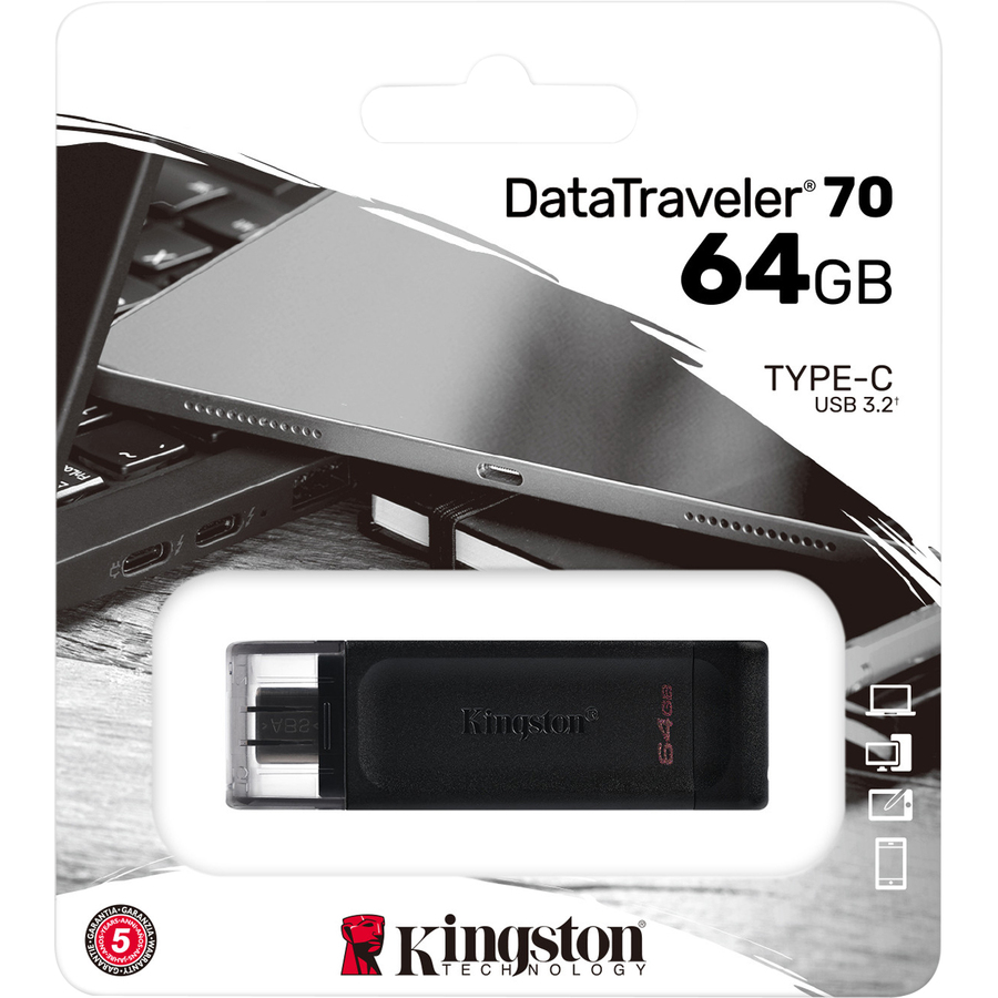 Kingston DataTraveler 70 64 GB USB 3.2 Gen 1 Type C Flash Drive Black