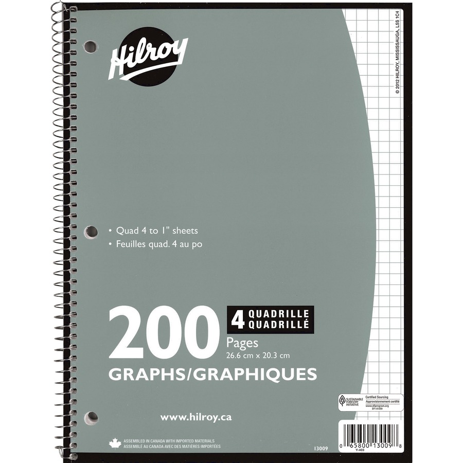 Hilroy Spiral Notebook - Spiral - Quad Ruled - 3 Hole(s) - 10.50" (266.70 mm) x 8" (203.20 mm) - Hole-punched - 1 Each - Memo / Subject Notebooks - HLR13009