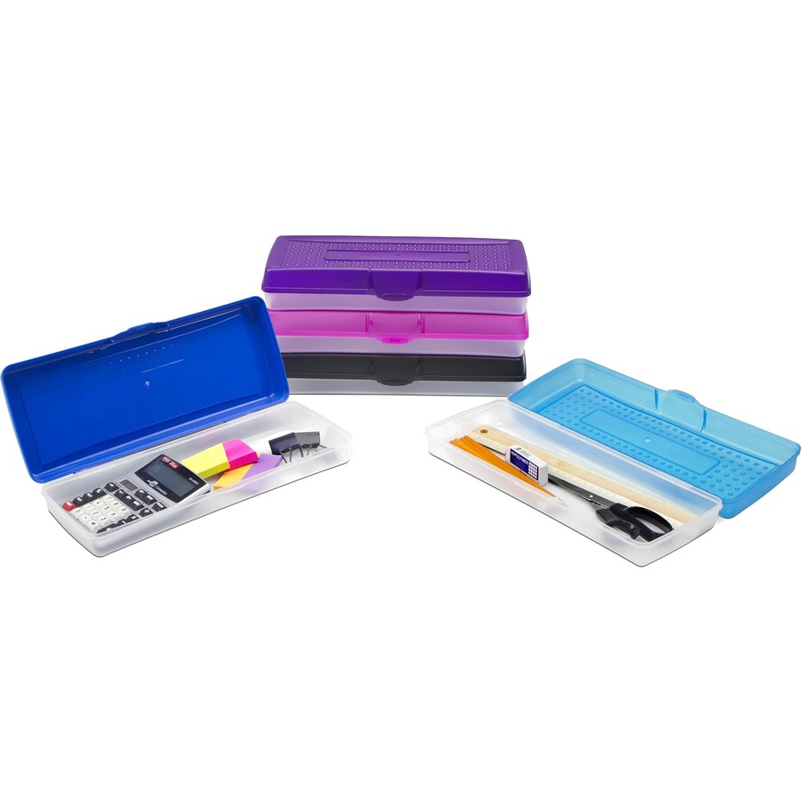Storex Stretch Pencil Box, Assorted Colors (12 units/pack) - External Dimensions: 5.6" Length x 13.4" Width x 2.5" Height - Snap Latch Closure - Plastic - Assorted, Clear - For Pencil, Pen, Scissors - 1 Each = STX61620U12C