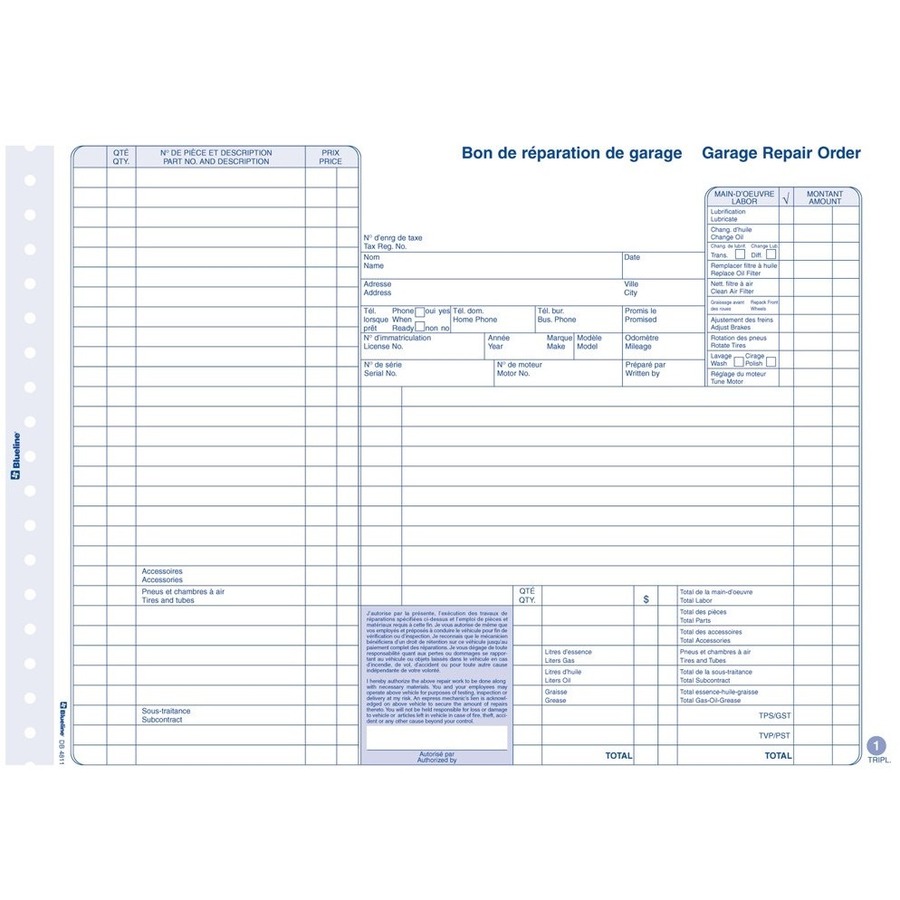 Blueline Garage Repair Orders in Snap Sets - Carbonless Copy - 11" x 8.50" Form Size - Letter - Paper - 50 / Pack - Receipt Books - BLIDB4811