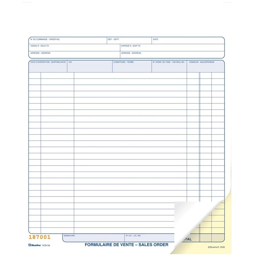 Blueline Sales Orders Book - 50 Sheet(s) - 2 PartCarbonless Copy - 11" x 8.50" Form Size - Letter - Blue Cover - Paper - 1 Each = BLIDCB156