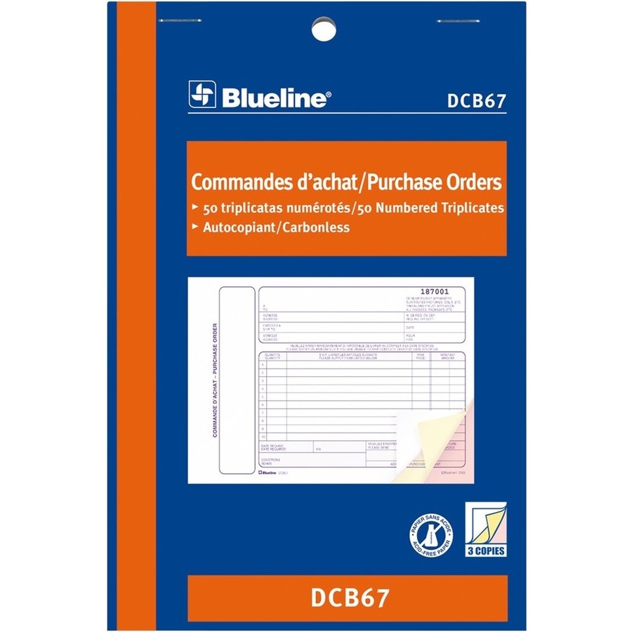 Blueline Purchase Orders Book - 50 Sheet(s) - 3 PartCarbonless Copy - 7.99" x 5.39" Form Size - Blue Cover - Paper - 1 Each = BLIDCB67