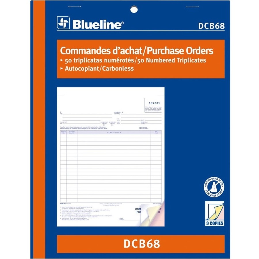 Blueline Purchase Orders Book - 50 Sheet(s) - 3 PartCarbonless Copy - 11" x 8.50" Form Size - Letter - Blue Cover - Paper - 1 Each -  - BLIDCB68