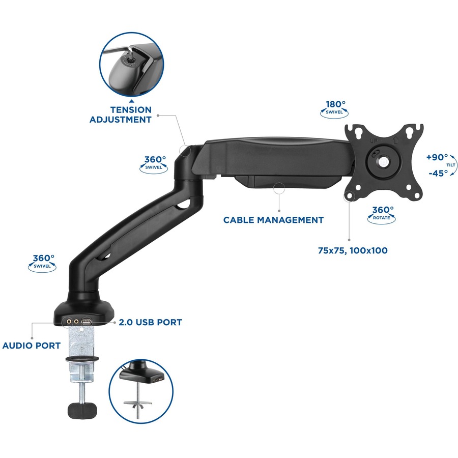 Lorell Mounting Arm for Monitor - Black - Height Adjustable - 1 Display(s) Supported - 14.30 lb Load Capacity - 75 x 75, 100 x 100 - 1 Each