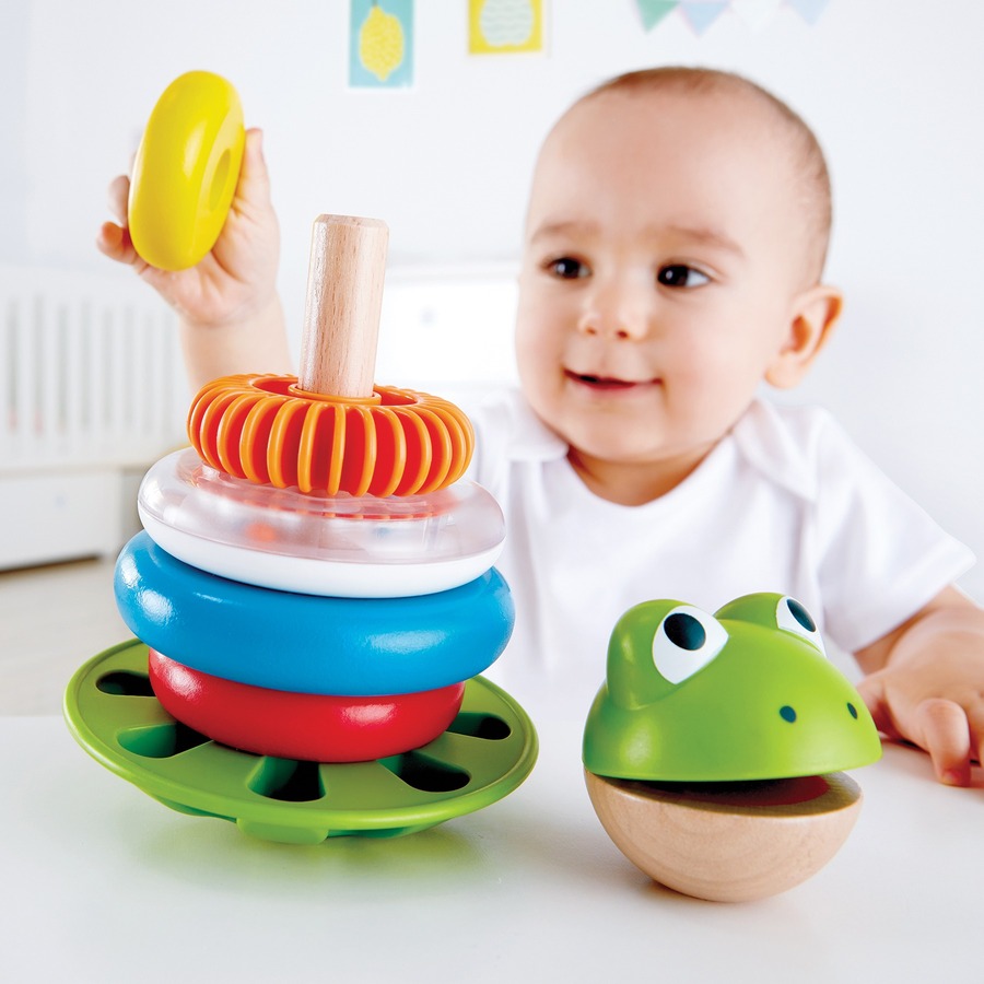 Hape Mr. Frog Stacking Rings - Skill Learning: Color, Counting, Sound, Stacking - 1 Year & Up - Creative Learning - HAPE0457