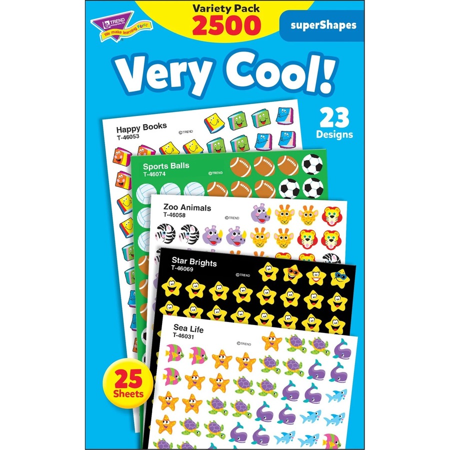 Trend Very Cool! superShapes Stickers Variety Pack - Learning Theme/Subject - Star Brights, Sport Balls, Zoo Animals, Sea Life, Happy Books - Acid-free, Non-toxic, Photo-safe - 0.44" (11.1 mm) Height - 2500 / Pack - Stickers - TEPT46903