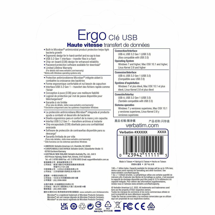 Verbatim 128GB Ergo USB 3.0 Flash Drive - Blue