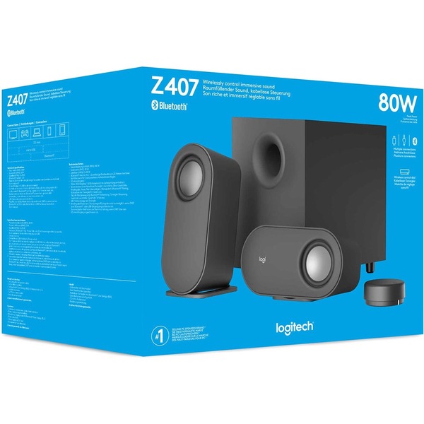 Logitech Z407 Bluetooth computer speakers with subwoofer and wireless control - gives you immersive sound, big bass, and clarity. Connect with Bluetooth, micro USB, and audio jack, and control with the wireless dial. IMMERSIVE SOUND - The expertly tuned 2