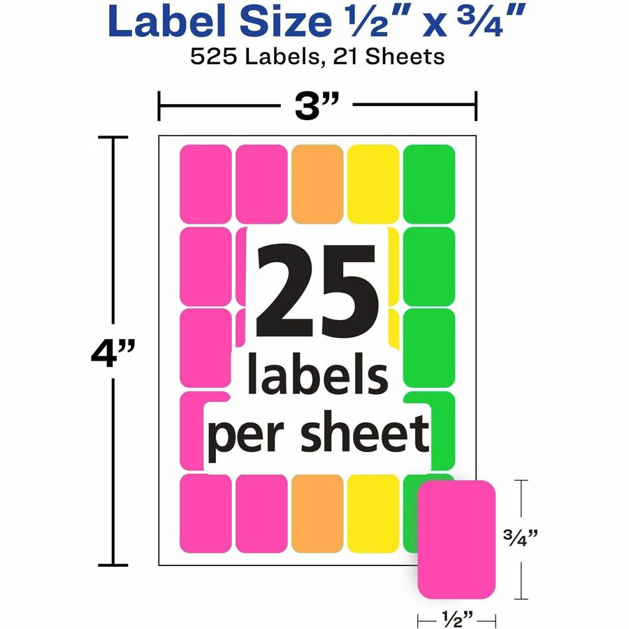 Avery® Color-Coding Removable Labels, 1/2 x 3/4 , Assorted Neon Colors,  Non-Printable, 525 Blank Labels Total (6721) - Avery® Removable Labels,  1/2 x 3/4 , Neon, 525 Total (6721)