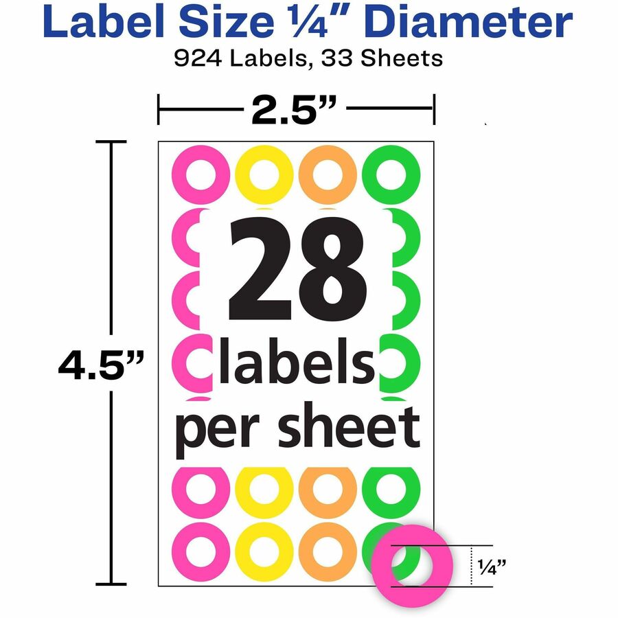 Avery® Reinforcement Stickers, 1/4" , Neon, 924 Total (6750) - 0.3" Diameter - 3 x Holes - Round - Assorted - Paper - 36 / Pack