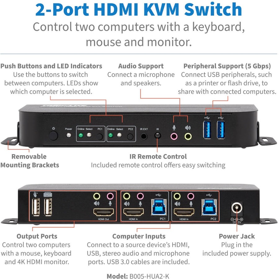Tripp Lite by Eaton 2-Port HDMI/USB KVM Switch - 4K 60 Hz HDR HDCP 2.2 IR USB Sharing USB 3.0 Cables