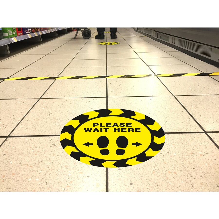 Avery® PLEASE WAIT HERE Distancing Floor Decals - 5 - PLEASE WAIT HERE Print/Message - Round Shape - Pre-printed, Tear Resistant, Wear Resistant, Non-slip, Water Resistant, UV Coated, Durable, Removable, Scuff Resistant - Vinyl - Yellow, Black - Safety/Caution Signs - AVE83020