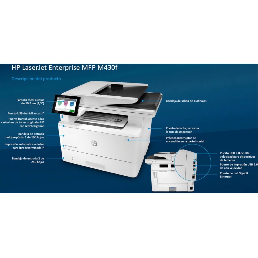 HP LaserJet M430f Laser Multifunction Printer-Monochrome-Copier/Fax/Scanner-42 ppm Mono Print-1200x1200 Print-Automatic Duplex Print-100000 Pages Monthly-350 sheets Input-Color Scanner-600 Optical Scan-Monochrome Fax-Gigabit Ethernet