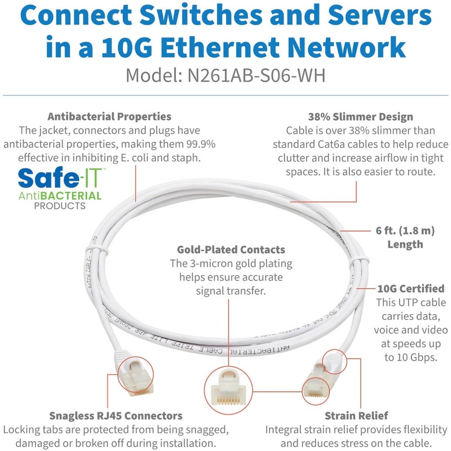 Eaton Tripp Lite Series Safe-IT Cat6a 10G Snagless Antibacterial Slim UTP Ethernet Cable (RJ45 M/M), White, 6 ft. (1.83 m), TAA