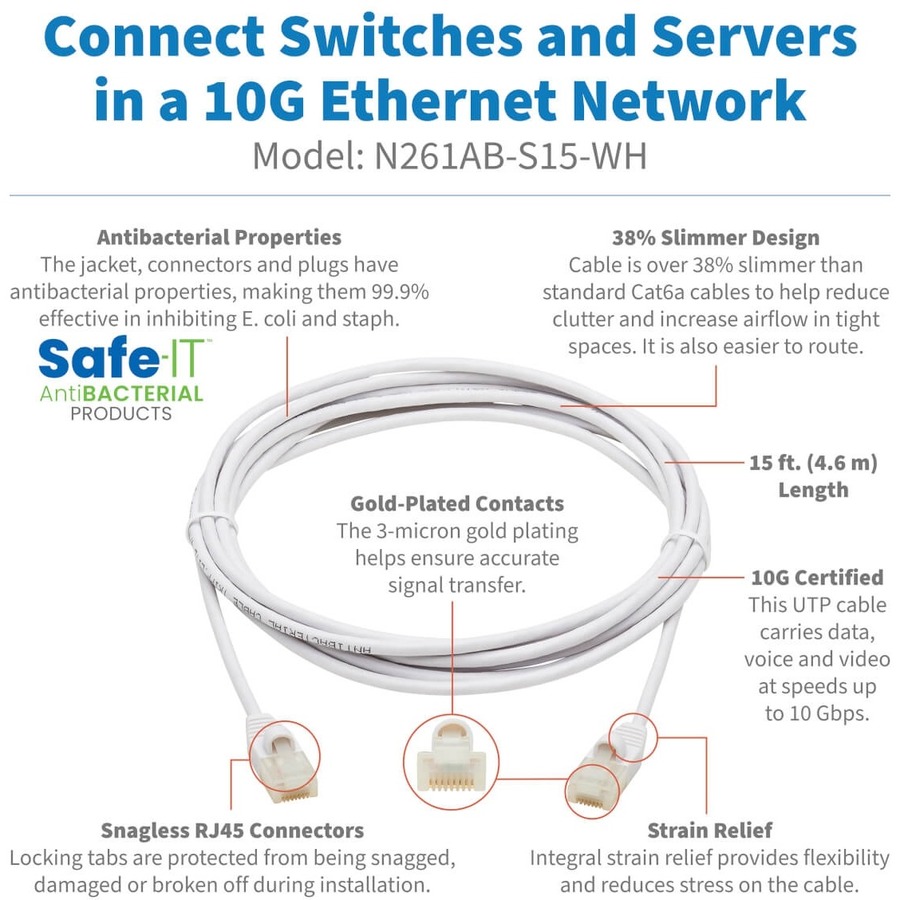 Tripp Lite by Eaton Safe-IT Cat6a 10G Snagless Antibacterial Slim UTP Ethernet Cable (RJ45 M/M) White 15-ft. (4.57 m)