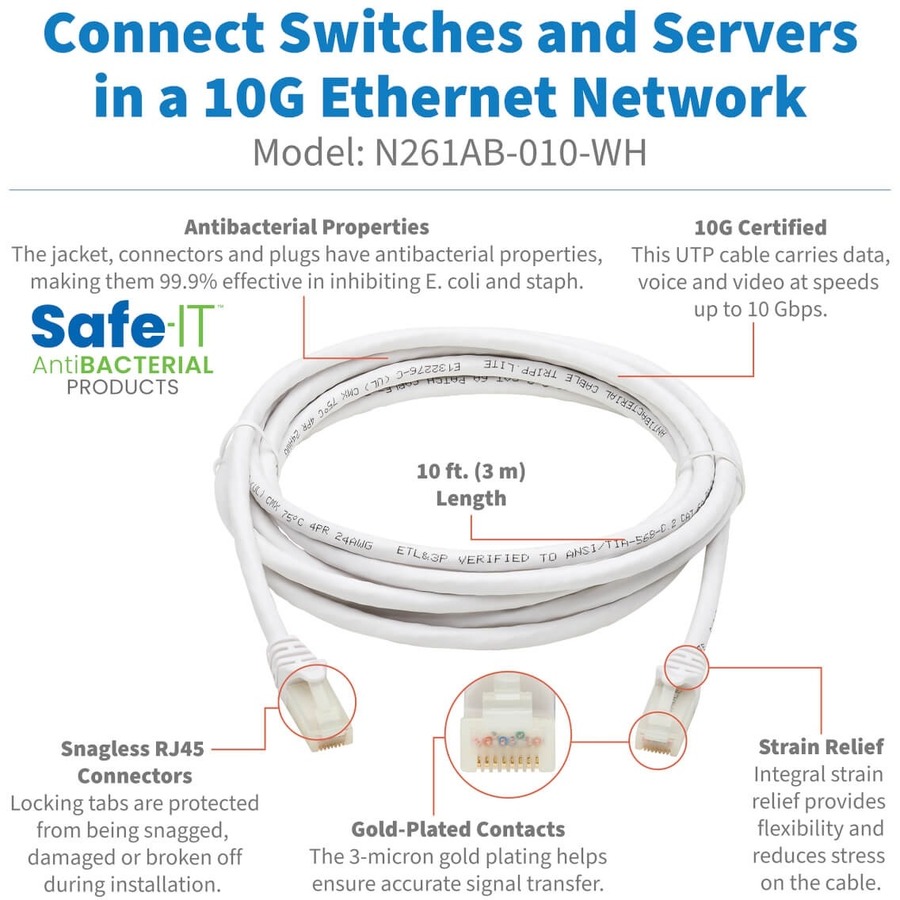 Tripp Lite by Eaton Safe-IT Cat6a 10G Snagless Antibacterial UTP Ethernet Cable (RJ45 M/M) PoE White 10 ft. (3.05 m)