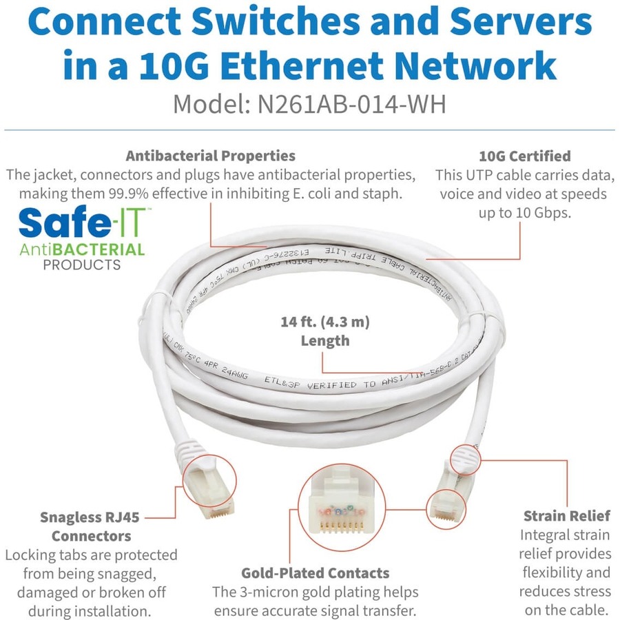 Tripp Lite by Eaton Safe-IT Cat6a 10G Snagless Antibacterial UTP Ethernet Cable (RJ45 M/M) PoE White 14 ft. (4.27 m)