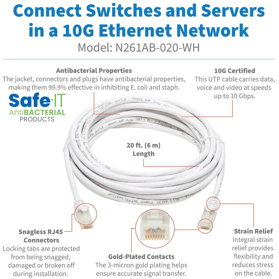 Tripp Lite by Eaton Safe-IT Cat6a 10G Snagless Antibacterial UTP Ethernet Cable (RJ45 M/M) PoE White 20 ft. (6.09 m)