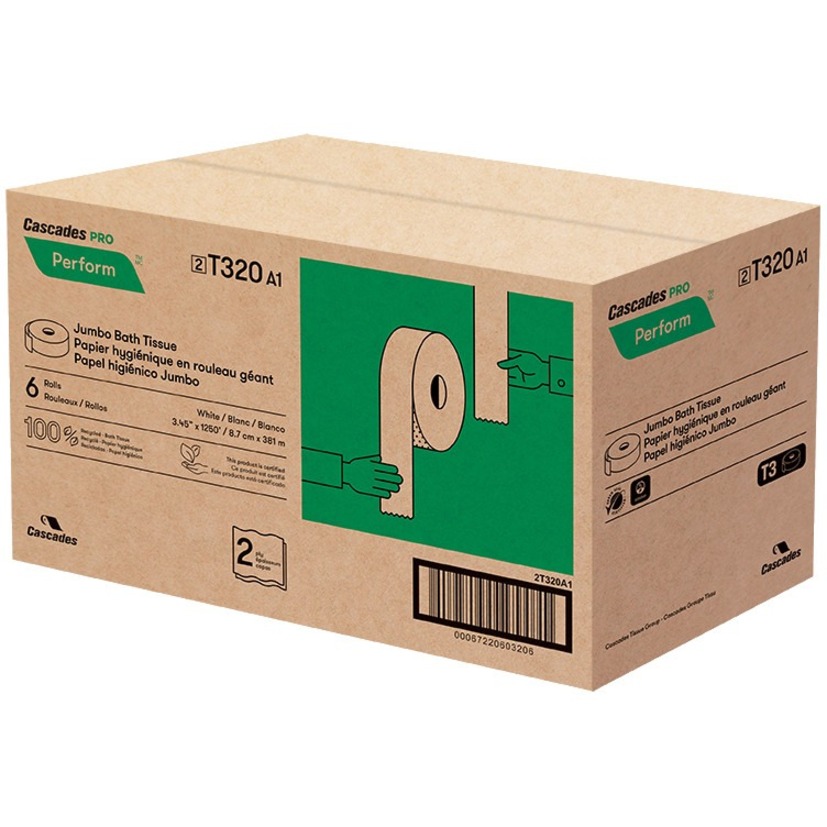 Cascades Perform Jumbo Toilet Paper, 2 Ply, White (T320) - 2 Ply - 3.40" x 1250 ft - 9" Roll Diameter - White - Paper - 6 / Pack