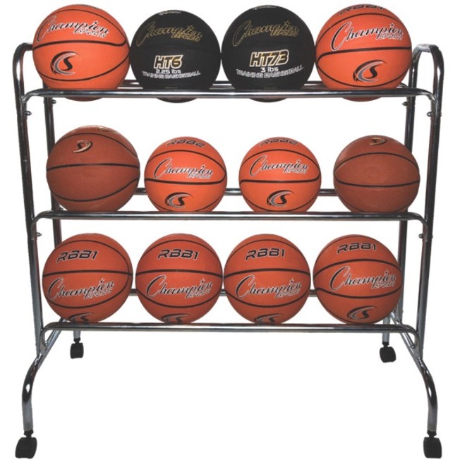 Champion Sports 12 Ball Powder-Coated Ball Cart - 4 Casters - 41" Length x 17" Width x 41" Height - Silver - 1 Each