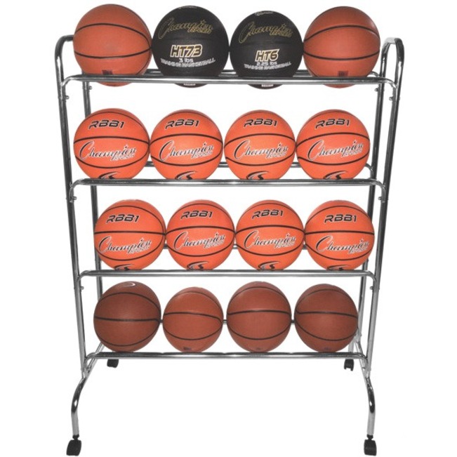 Champion Sports 16 Ball Powder-Coated Ball Cart - 4 Casters - 41" Length x 17" Width x 53" Height - Silver - 1 Each
