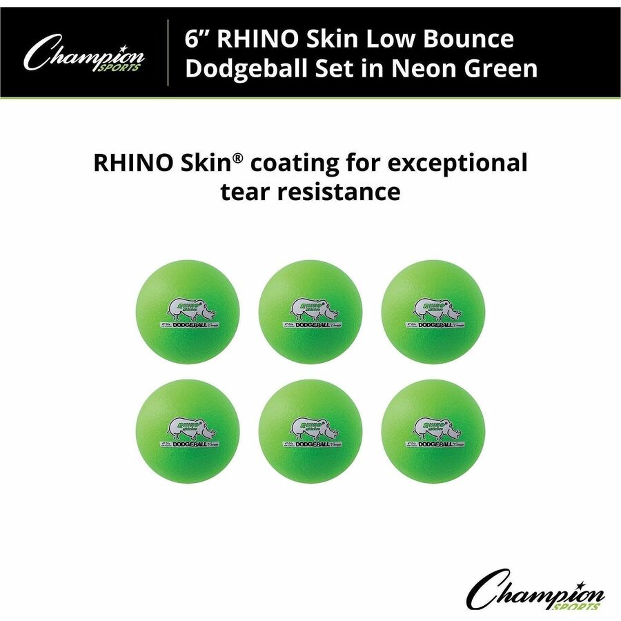 Champion Sports Rhino Skin Low Bounce Dodgeball Set - 6.30" - Low Density Foam - Neon Green - 6 / Set