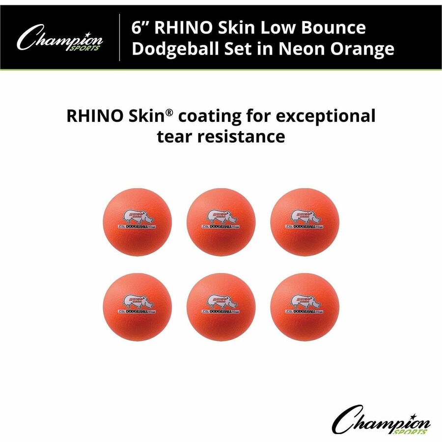 Champion Sports Rhino Skin Low Bounce Dodgeball Set - 6.30" - Low Density Foam - Neon Orange - 6 / Set