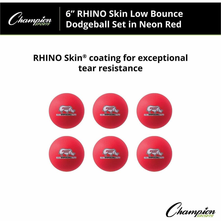 Champion Sports Rhino Skin Low Bounce Dodgeball Set - 6.30" - Low Density Foam - Neon Red - 6 / Set