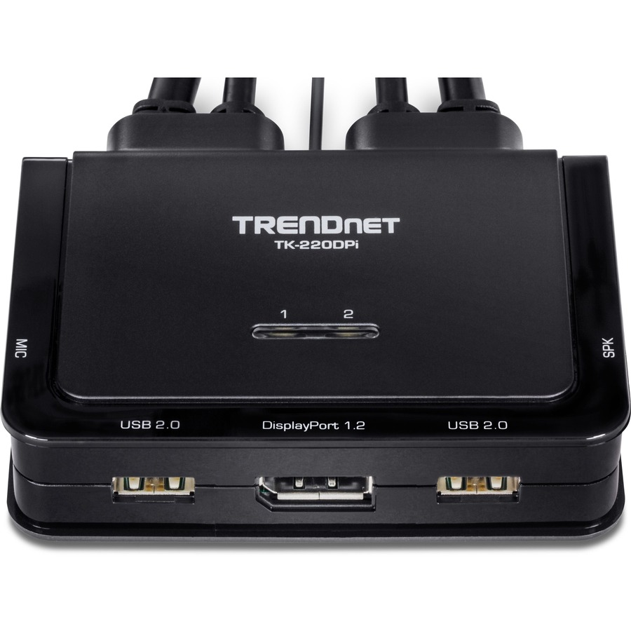 TRENDnet 2-Port 4K DisplayPort 1.2 KVM Switch with Audio, 4K UHD (3840 x 2160@60Hz), 3.5mm Speaker/Microphone, USB 2.0, Integrated Cables, Black, TK-220DPI