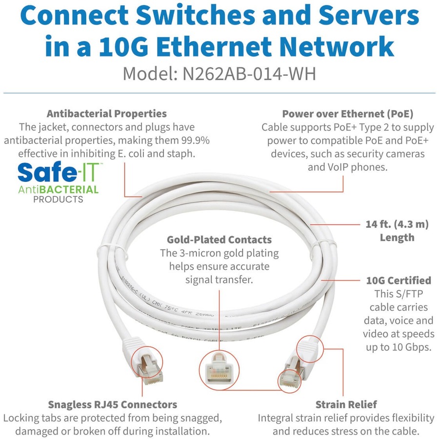 Eaton Tripp Lite Series Safe-IT Cat6a 10G Snagless Antibacterial S/FTP Ethernet Cable (RJ45 M/M), PoE, White, 14 ft. (4.27 m), TAA