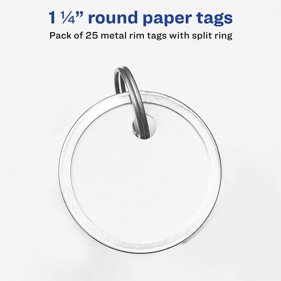 Avery® Round Split Ring Key Tags - 1.25" Diameter - Round - Metal Ring Fastener - 36 / Carton - Metal, Card Stock - White