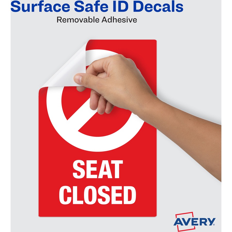 Avery® Surface Safe SEAT CLOSED Chair Decals - 10 / Pack - Seat Closed Print/Message - 4" Width x 6" Height - Rectangular Shape - Water Resistant, Pre-printed, Chemical Resistant, Abrasion Resistant, Tear Resistant, Durable, UV Resistant, Residue-free