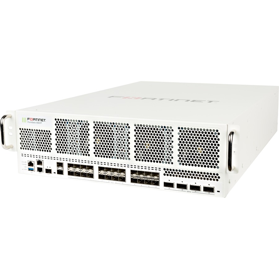 Fortinet FortiGate 6501F-DC chassis firewall with 40/100GE QSFP28 and 1/10/25GE SFP28 slots — alternate view 1
