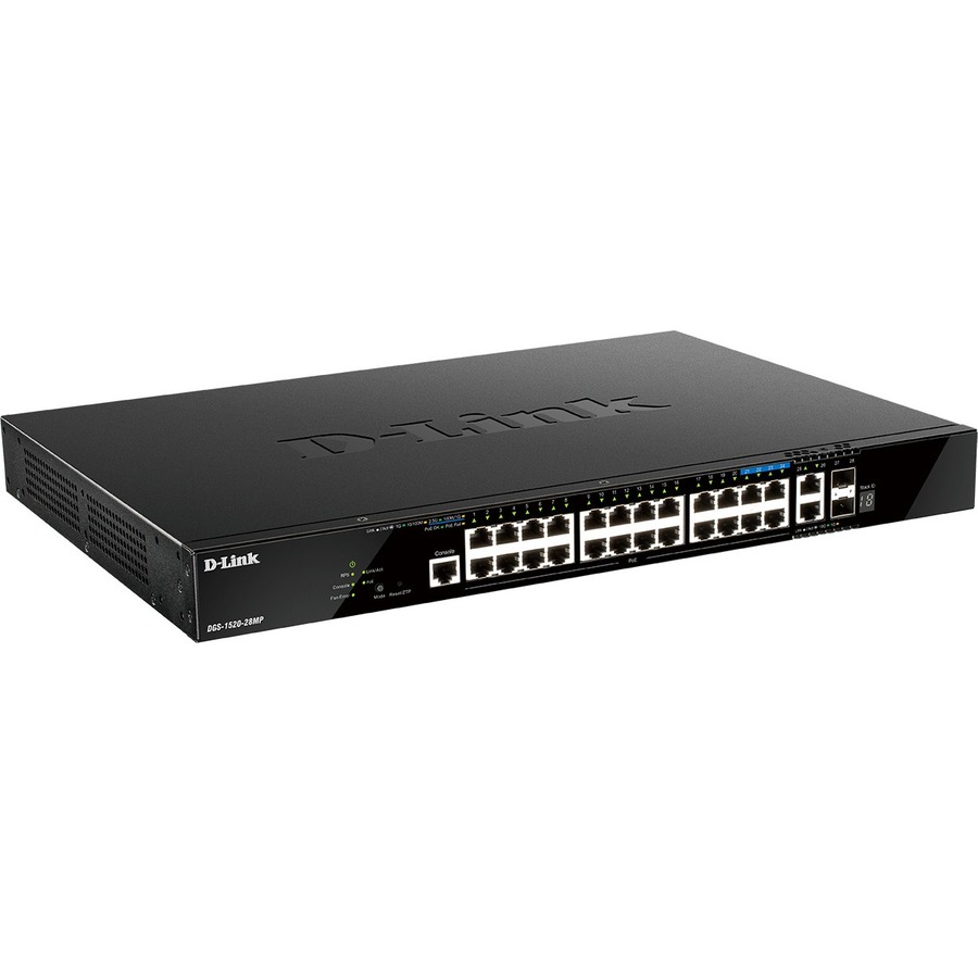 D-Link DGS-1520-28MP 28-port Gigabit PoE smart switch with 4 10 Gb uplinks — alternate view 1