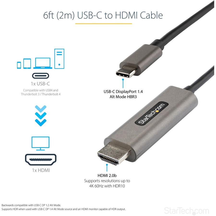 StarTech 6ft (2m) USB C to HDMI Cable 4K 60Hz with HDR10, Ultra HD USB Type-C to HDMI 2.0b Video Adapter Cable, DP 1.4 Alt Mode HBR3