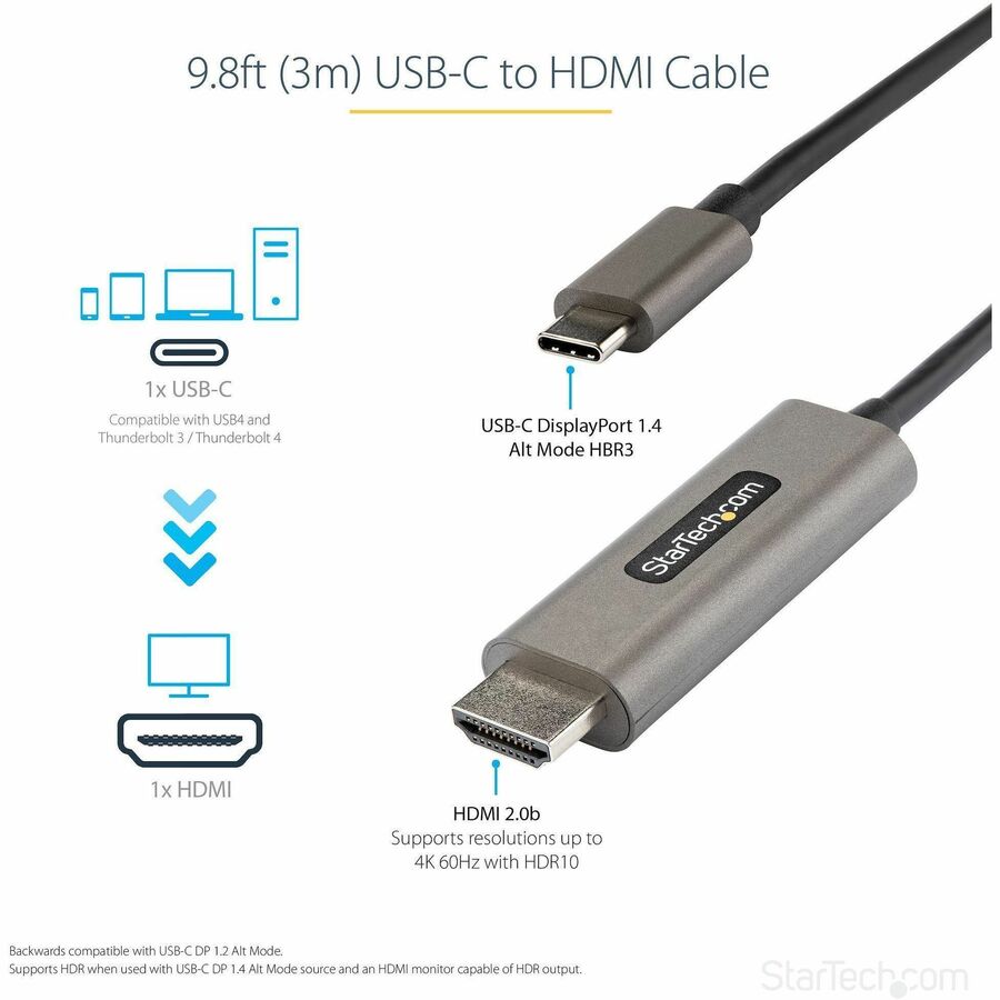 StarTech 10ft (3m) USB C to HDMI Cable 4K 60Hz with HDR10, Ultra HD USB Type-C to HDMI 2.0b Video Adapter Cable, DP 1.4 Alt Mode HBR3