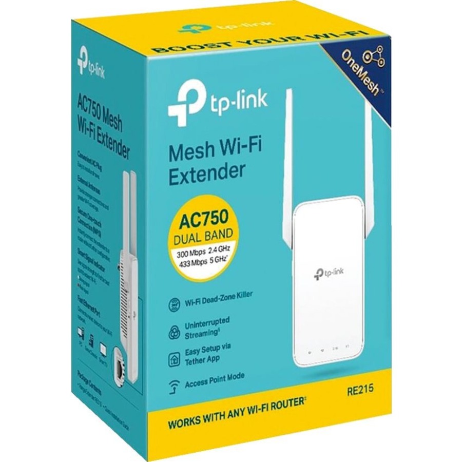 TP-Link RE215 Dual Band IEEE 802.11 a/b/g/n/ac 733 Mbit/s Wireless Range Extender - 2.40 GHz, 5 GHz - External - MIMO Technology - 1 x Network (RJ-45) - Fast Ethernet - 9.50 W - Portable = TPLRE215