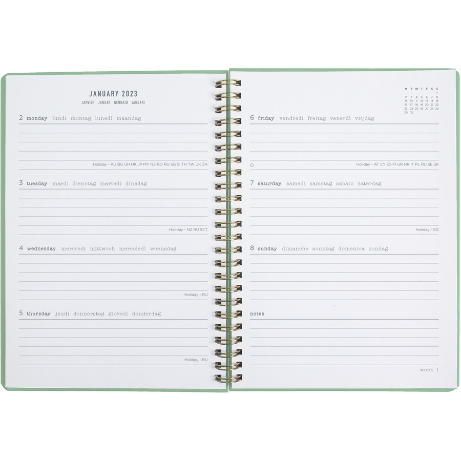 Letts® Celebrate Weekly Planners - Weekly - January 2023 till December 2023 - Twin Wire - Gold, Mint - Golden - 8.3" Width - Ruled Planning Space, Durable Cover, Storage Pocket, Laminated, Hard Cover, Multilingual - 1 Each - Appointment Books & Planners - BLIC082187