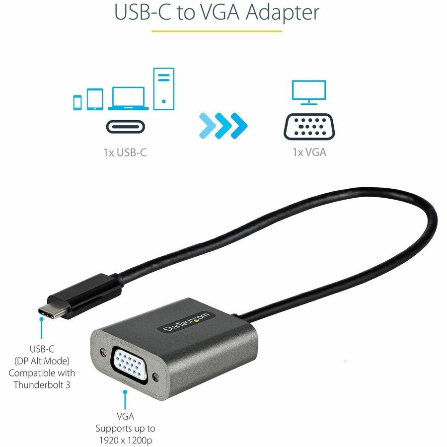 StarTech USB C to VGA Adapter, 1080p USB Type-C to VGA Adapter Dongle, USB-C to VGA Monitor/Display Video Converter, 12" Long Cable