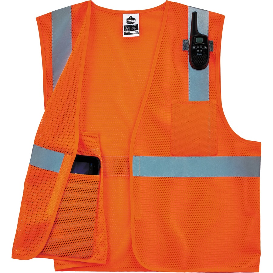 Ergodyne 8210HL Mesh Hi-Vis Safety Vest - Recommended for: Utility, Construction, Baggage Handling, Emergency, Warehouse - Large/Extra Large Size - Hook & Loop Closure - Polyester Mesh, Mesh Fabric - Orange - Reflective, Pocket, Breathable, Lightweight, H